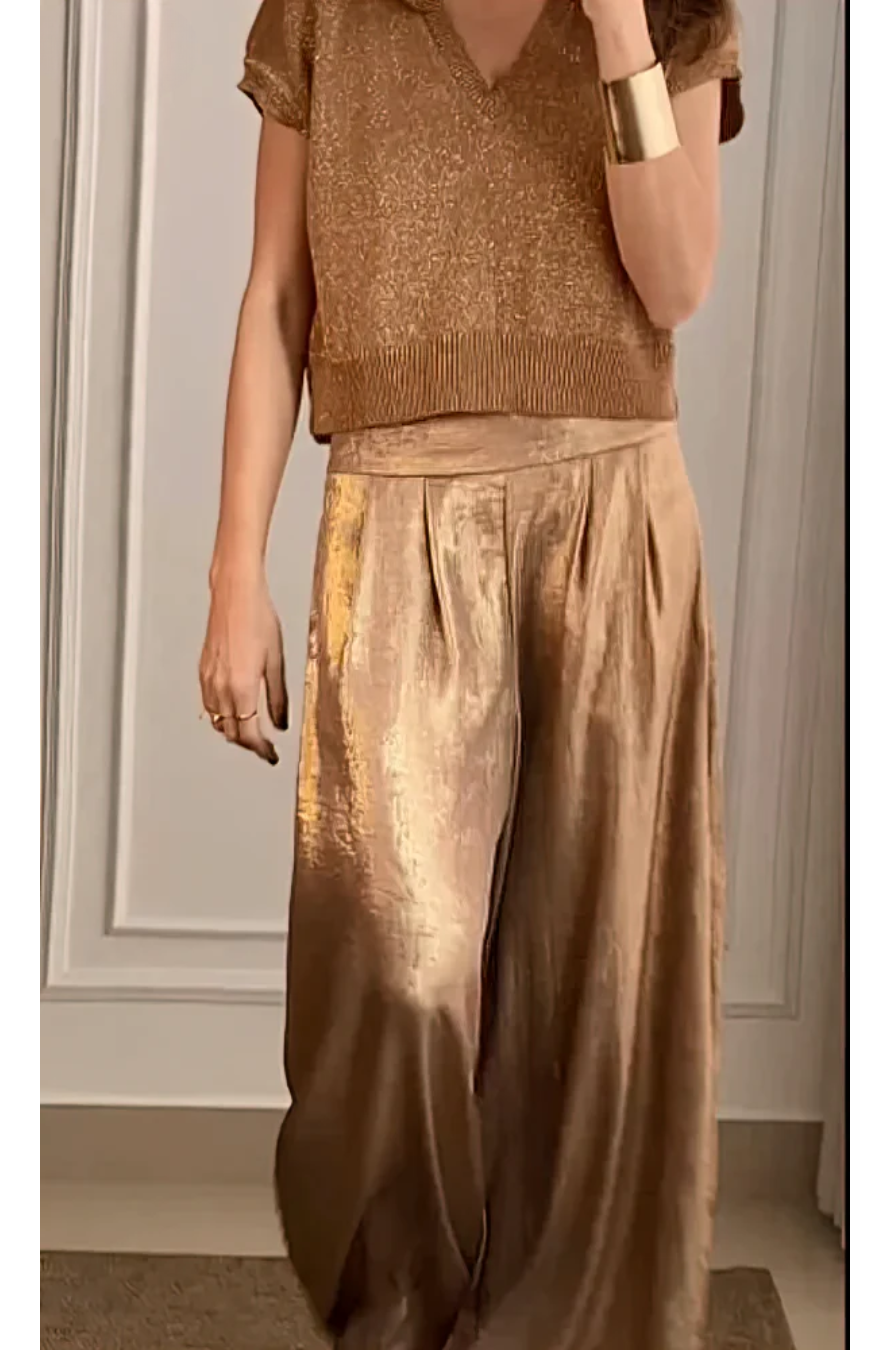 Angelica | Chic Metallic Pleated Pants Set