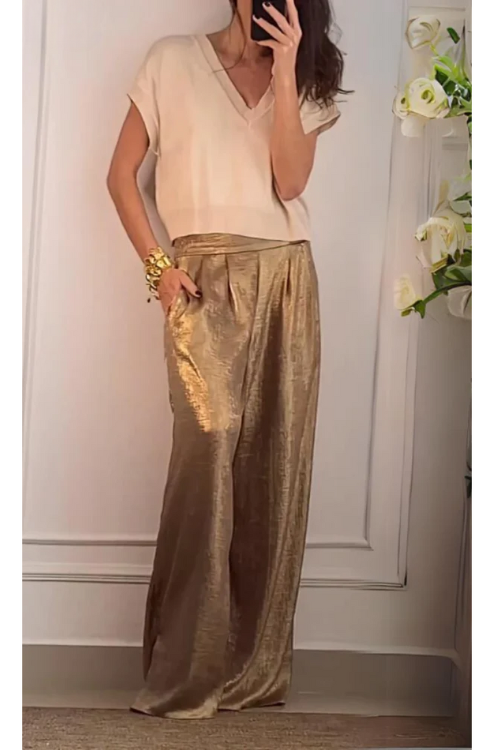 Angelica | Chic Metallic Pleated Pants Set