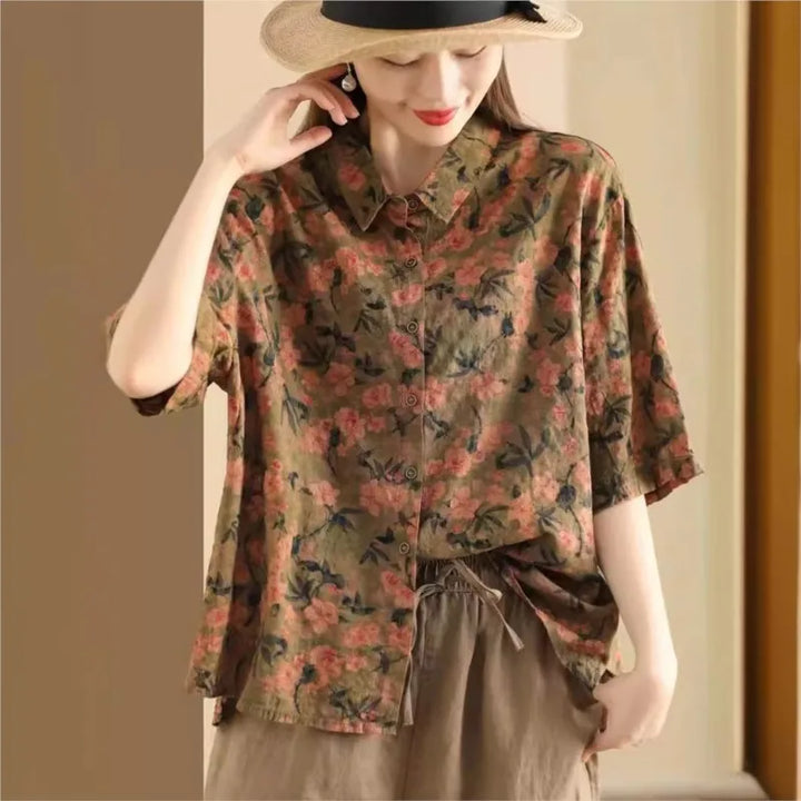 Rina™ | Vintage Floral Cotton Linen Shirt
