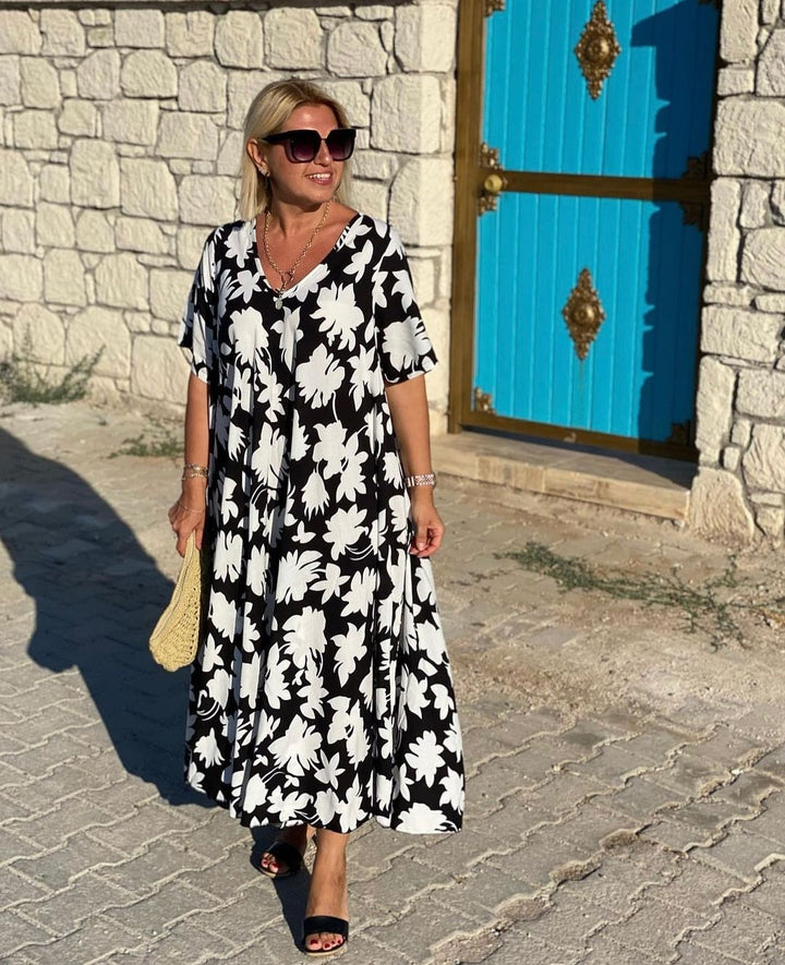 Casual Floral Maxi Dress with V-Neck