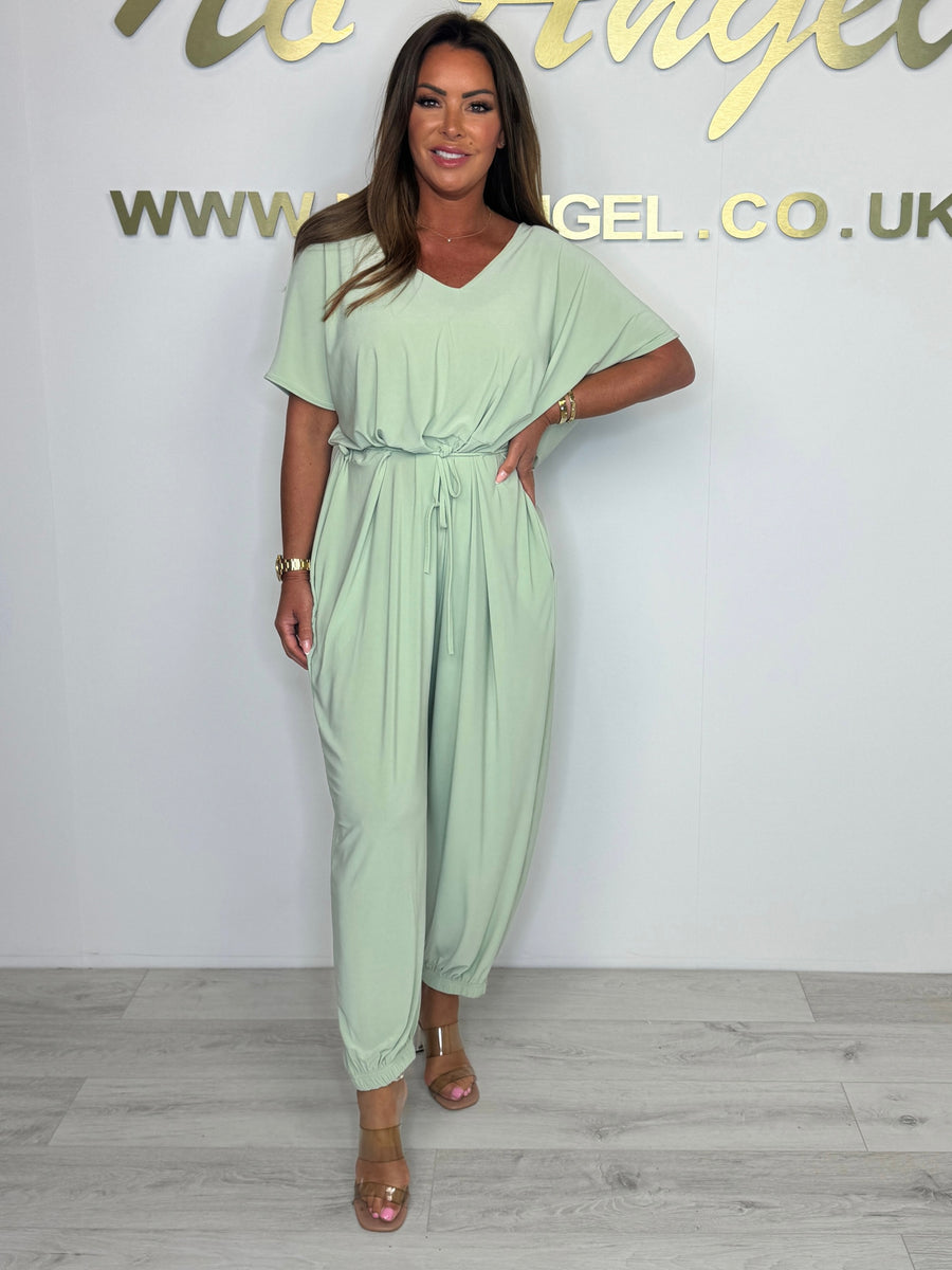 2025 Cotton jumpsuit with V-neck and tie belt